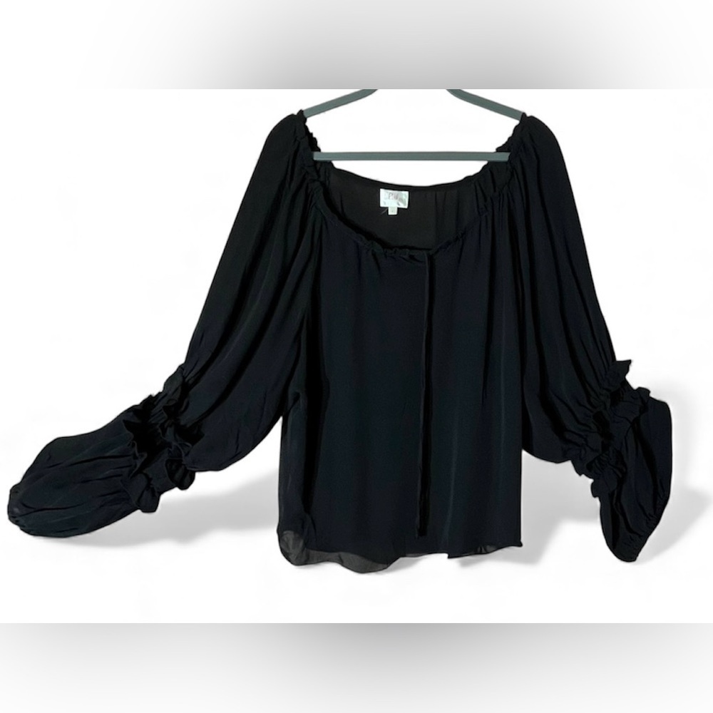 Parker Black 100% Silk Long Sleeve Blouse Size Large Ruffle boho Cottage Core